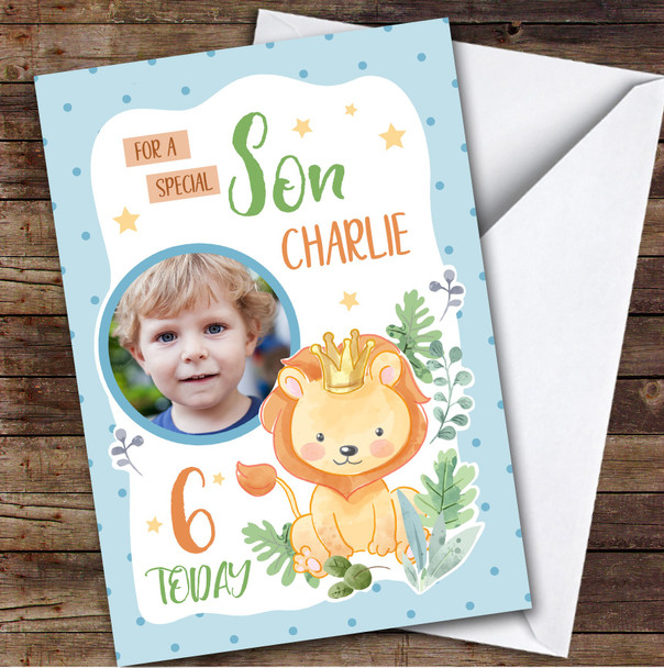 Boy's Lion Blue Photo Son 6th Birthday Personalized Birthday Card