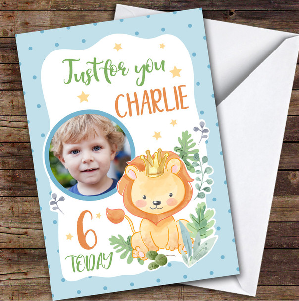 Boy's Lion Blue Boy Photo 6th Birthday Personalized Birthday Card