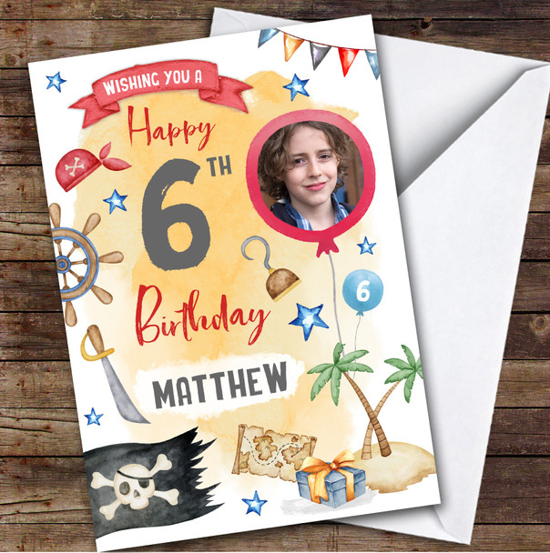 Boy's Pirate Island Photo 6th Birthday Personalized Birthday Card