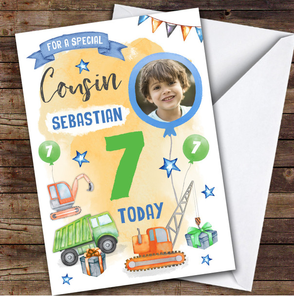 Boy's Truck Gift Construction Digger Photo Cousin 7th Birthday Personalized Card