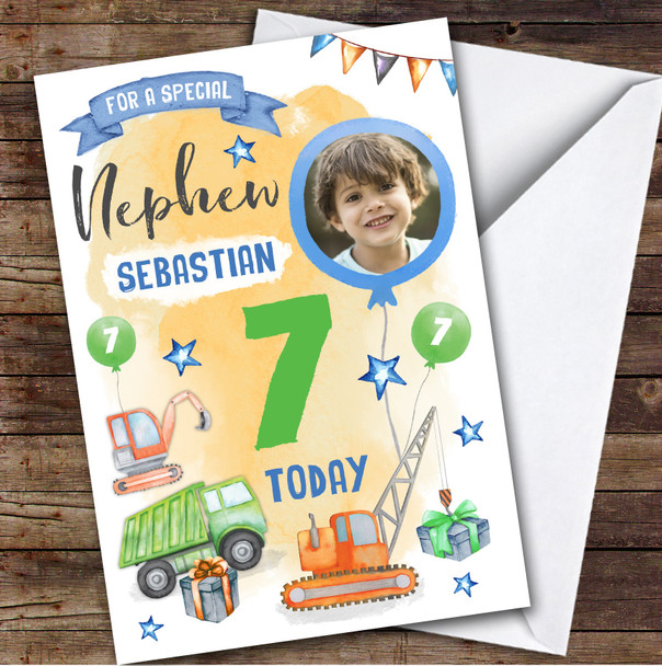 Boy's Truck Gift Construction Digger Photo Nephew 7th Birthday Personalized Card