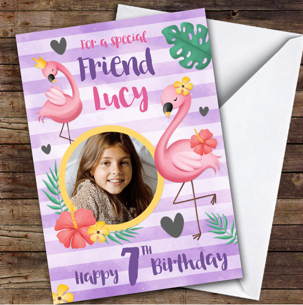 Girl's Flamingo Pink Purple Photo Friend 7th Birthday Personalized Birthday Card