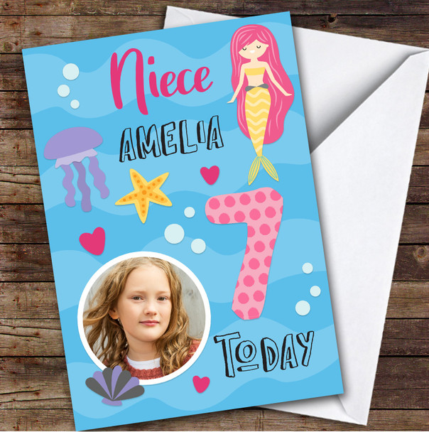 Girl's Mermaid Under The Sea Photo Niece 7th Birthday Personalized Birthday Card