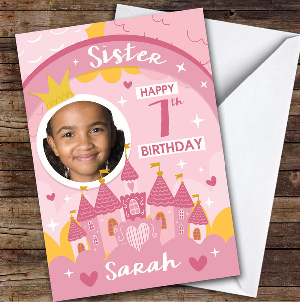 Girl's Princess Pink Castle Photo Sister 7th Birthday Personalized Birthday Card