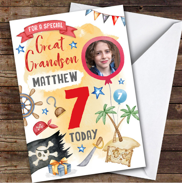 Boy's Pirate Island Photo Great Grandson 7th Birthday Personalized Birthday Card