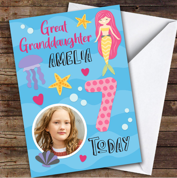 Girl's Mermaid The Sea Photo Great Granddaughter 7th Birthday Personalized Card