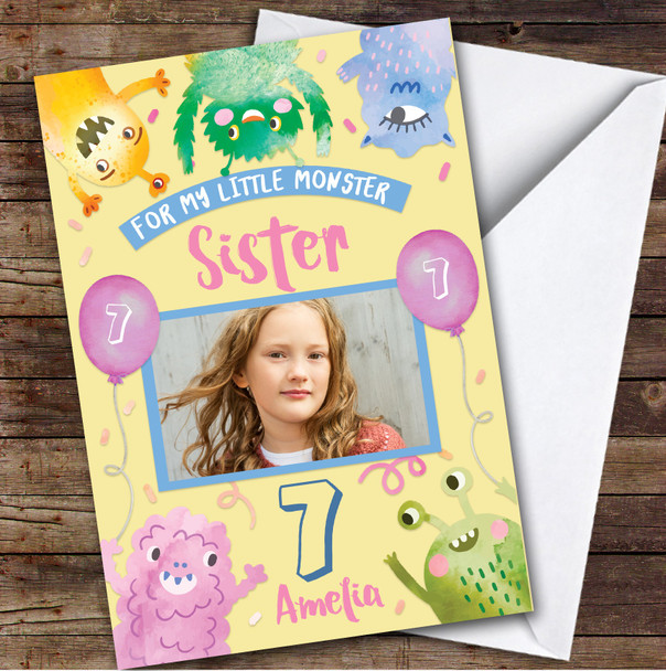 Girl's Little Monster Girl's Yellow Photo Sister 7th Birthday Personalized Card