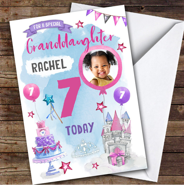Girl's Princess Castle Crown Photo Granddaughter 7th Birthday Personalized Card