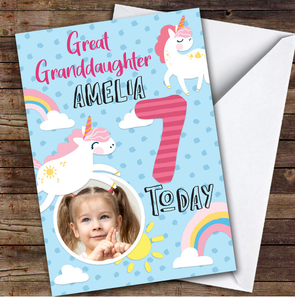 Girl's Unicorn Rainbow Photo Great Granddaughter 7th Birthday Personalized Card