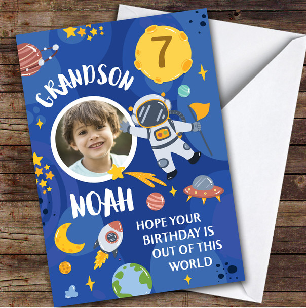 Boy's Space Rocket Astronaut Blue Photo Grandson 7th Birthday Personalized Card
