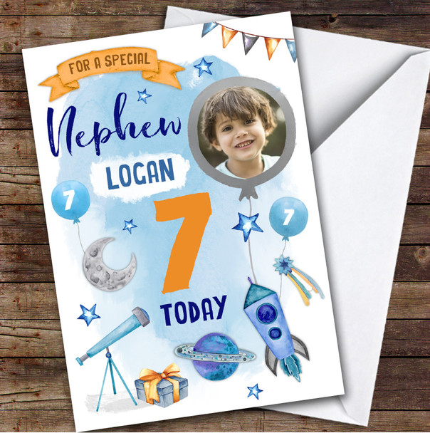 Boy's Space Rocket Astronaut Rocket Photo Nephew 7th Birthday Personalized Card