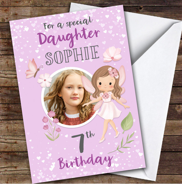 Girl's Fairy Girl Purple Photo Daughter 7th Birthday Personalized Birthday Card