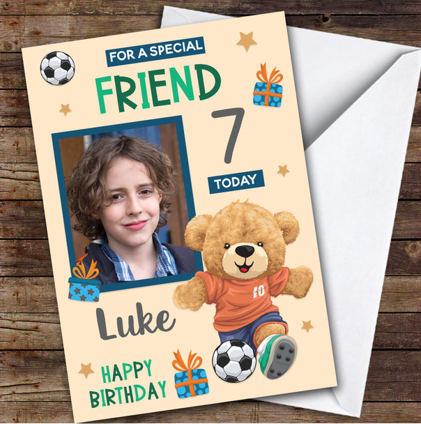 Boy's Football Bear Orange Photo Friend 7th Birthday Personalized Birthday Card