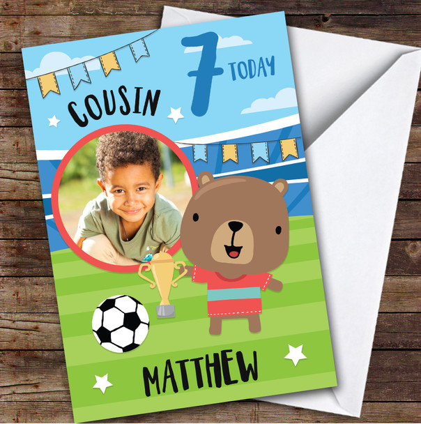 Boy's Football Bear Trophy Photo Cousin 7th Birthday Personalized Birthday Card