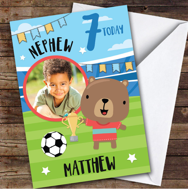 Boy's Football Bear Trophy Photo Nephew 7th Birthday Personalized Birthday Card