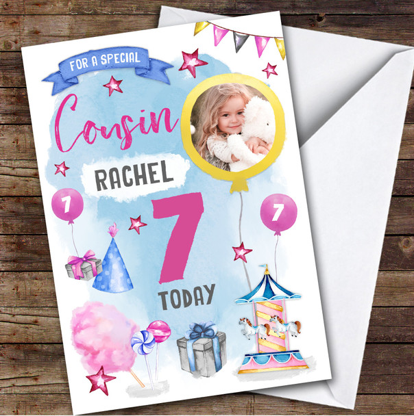Girl's Fun Fair Candy Floss Sweets Photo Cousin 7th Birthday Personalized Card