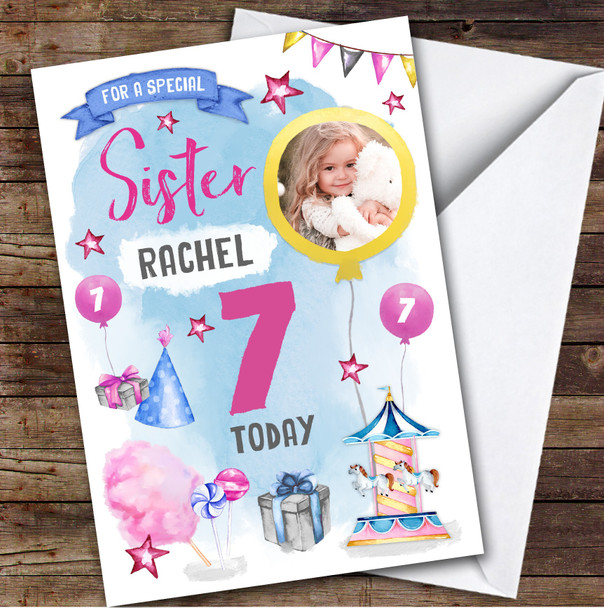 Girl's Fun Fair Candy Floss Sweets Photo Sister 7th Birthday Personalized Card