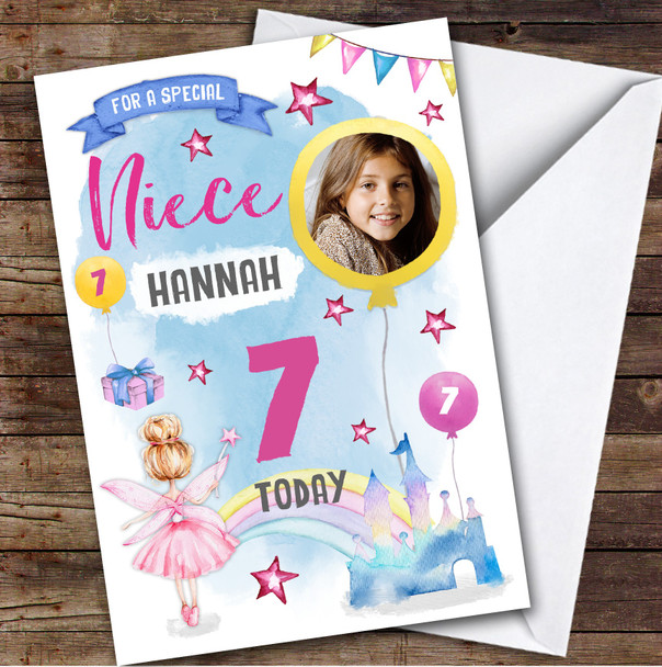 Girl's Fairy Magical Rainbow Castle Photo Niece 7th Birthday Personalized Card