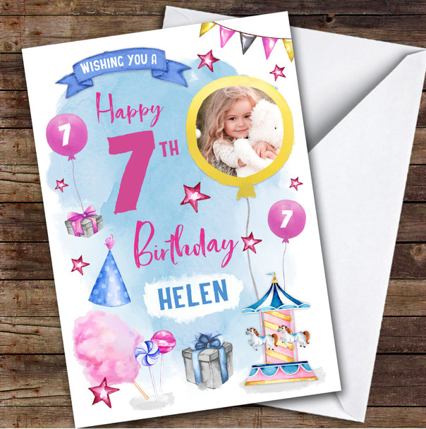 Girl's Fun Fair Party Candy Floss Sweets Photo 7th Birthday Personalized Card
