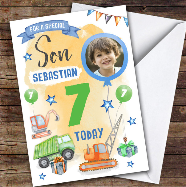 Boy's Truck Gift Construction Digger Photo Son 7th Birthday Personalized Card
