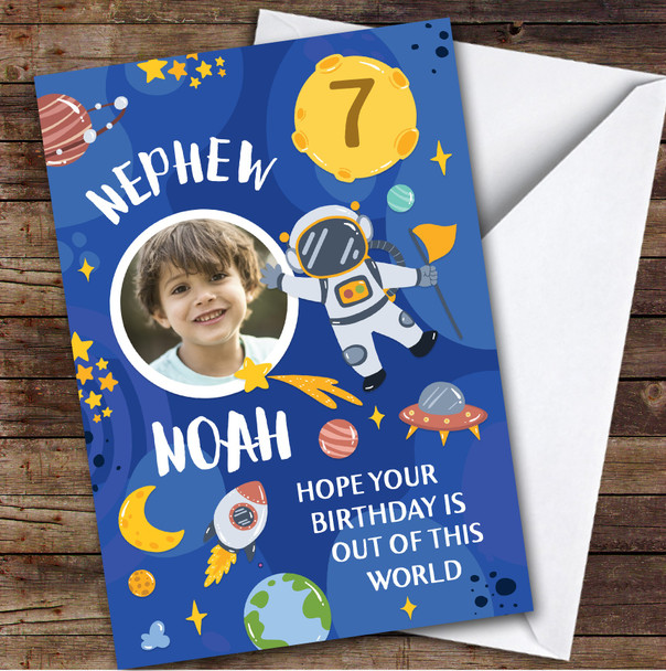 Boy's Space Rocket Astronaut Blue Photo Nephew 7th Birthday Personalized Card