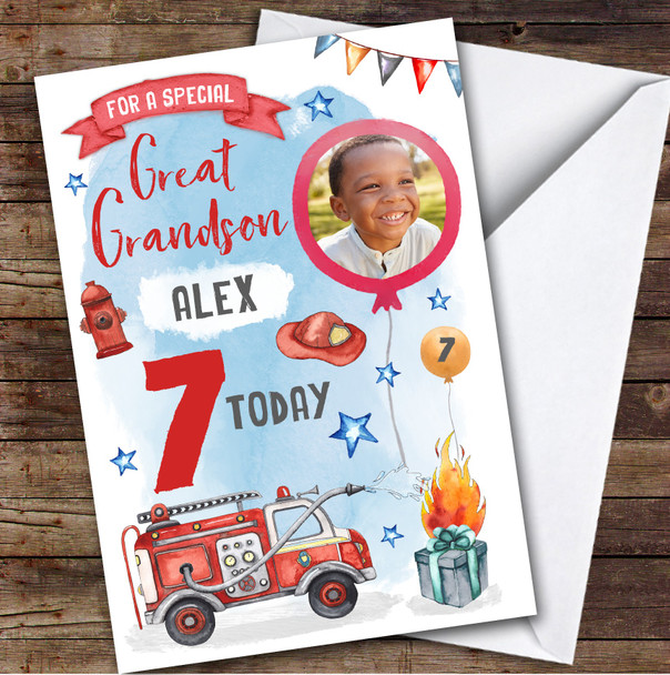 Boy's Fire Truck Digger Photo Great Grandson 7th Birthday Personalized Card