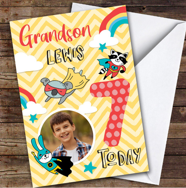 Boy's Superhero Rainbow Comic Photo Grandson 7th Birthday Personalized Card