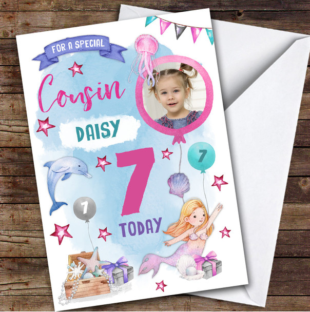 Girl's Mermaid Dolphin Photo Cousin 7th Birthday Personalized Birthday Card