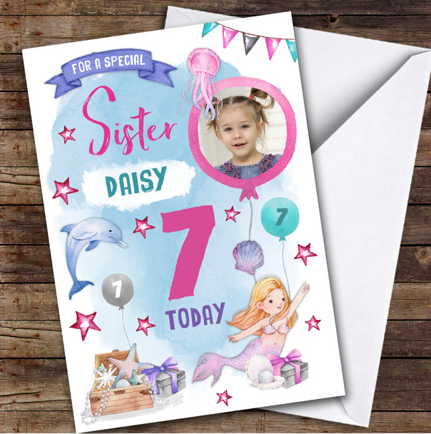Girl's Mermaid Dolphin Photo Sister 7th Birthday Personalized Birthday Card
