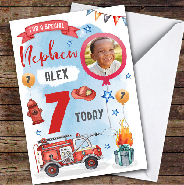 Boy's Fire Engine Truck Digger Photo Nephew 7th Birthday Personalized Card