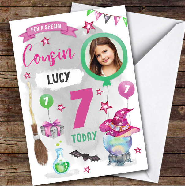 Girl's Magical Witch Halloween Photo Cousin 7th Birthday Personalized Card