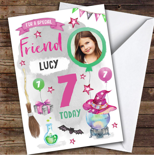 Girl's Magical Witch Halloween Photo Friend 7th Birthday Personalized Card