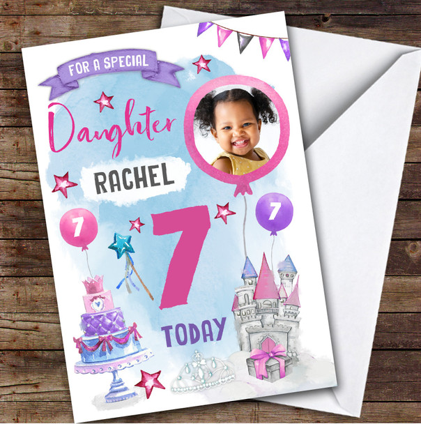 Girl's Princess Castle Crown Photo Daughter 7th Birthday Personalized Card