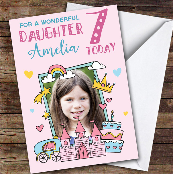 Girl's Princess Rainbow Pink Photo Daughter 7th Birthday Personalized Card
