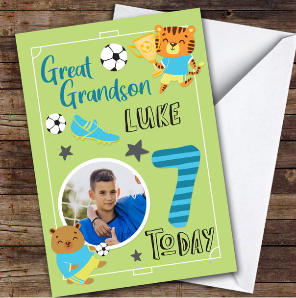 Boy's Football Animals Photo Great Grandson 7th Birthday Personalized Card