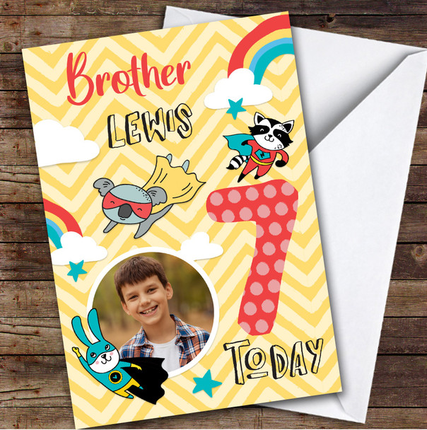 Boy's Superhero Rainbow Comic Photo Brother 7th Birthday Personalized Card