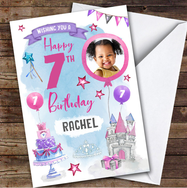 Girl's Princess Castle Crown Photo 7th Birthday Personalized Birthday Card
