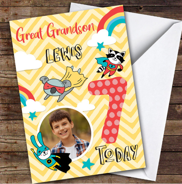 Boy's Superhero Comic Photo Great Grandson 7th Birthday Personalized Card