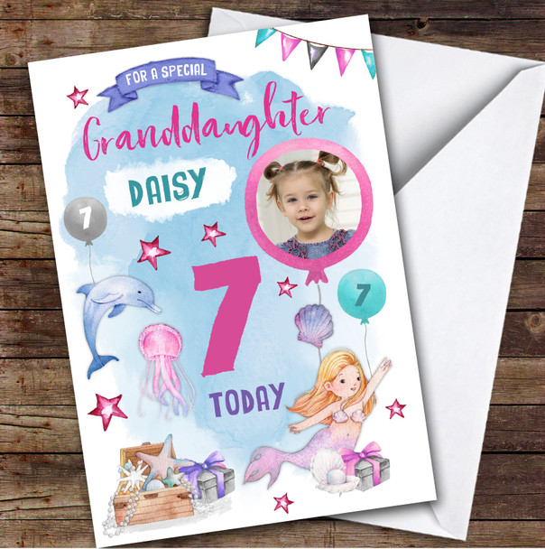 Girl's Mermaid Dolphin Photo Granddaughter 7th Birthday Personalized Card