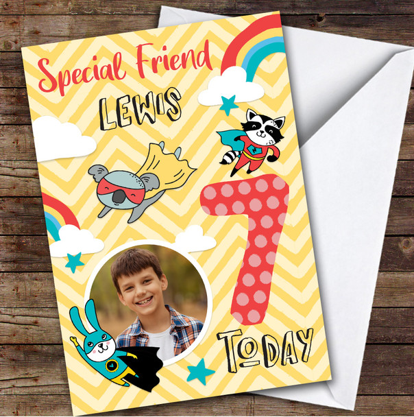Boy's Superhero Rainbow Comic Photo Friend 7th Birthday Personalized Card