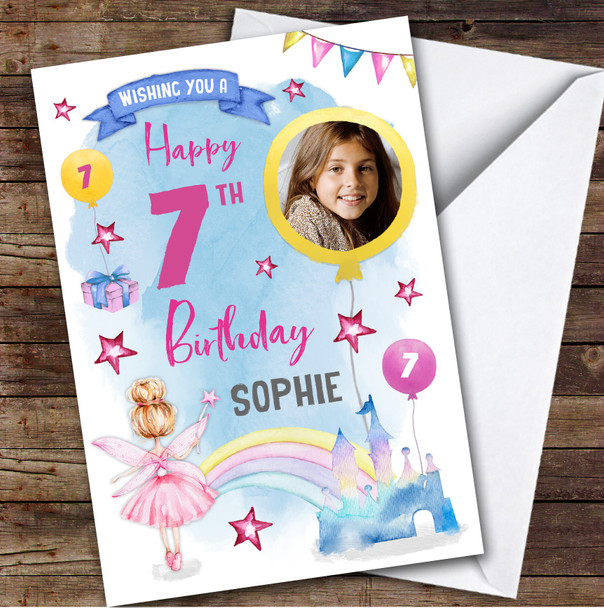 Girl's Fairy Magical Rainbow Castle Photo 7th Birthday Personalized Card