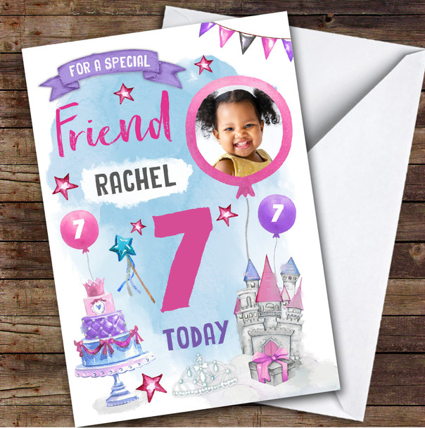 Girl's Princess Castle Crown Photo Friend 7th Birthday Personalized Card