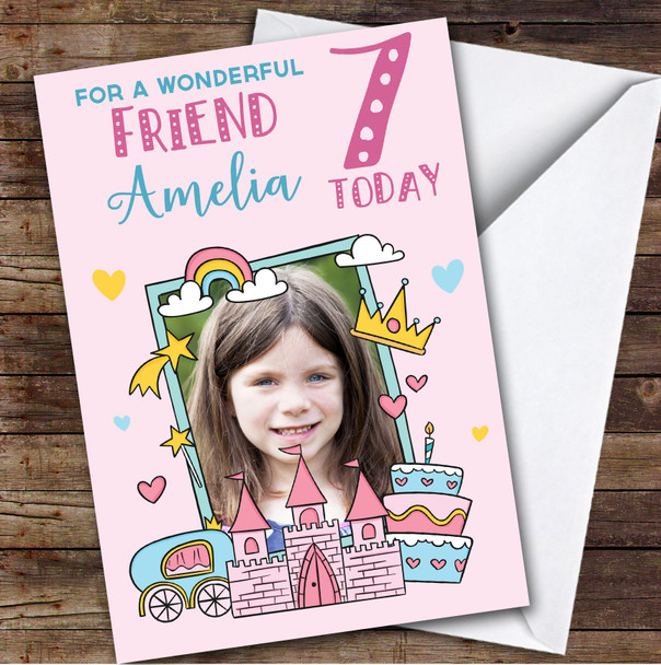 Girl's Princess Rainbow Pink Photo Friend 7th Birthday Personalized Card