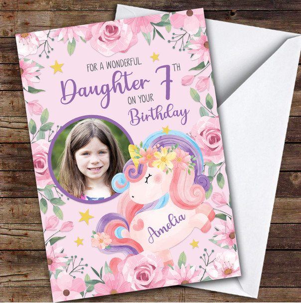 Girl's Unicorn Pink Flower Photo Daughter 7th Birthday Personalized Card