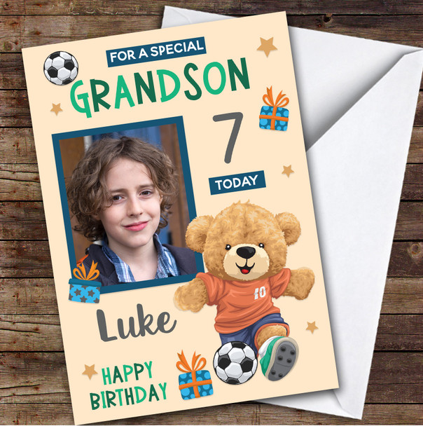 Boy's Football Bear Orange Photo Grandson 7th Birthday Personalized Card