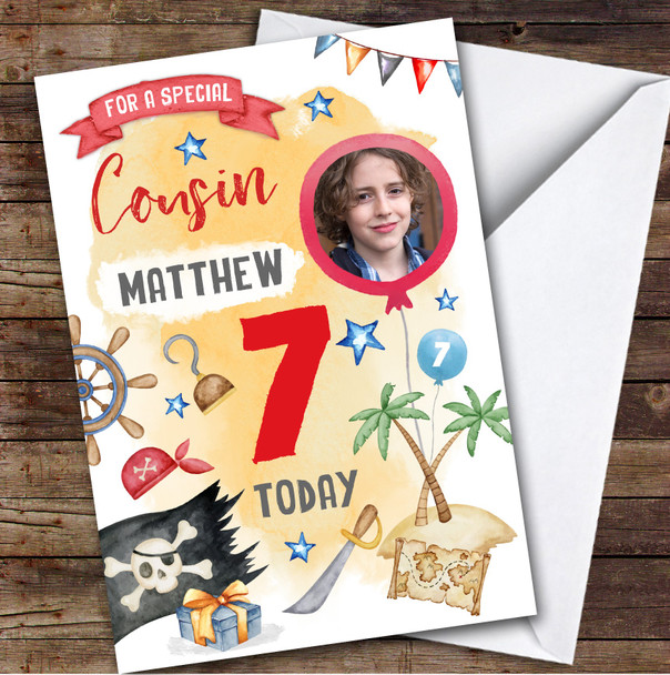 Boy's Pirate Island Photo Cousin 7th Birthday Personalized Birthday Card
