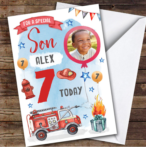 Boy's Fire Engine Truck Digger Photo Son 7th Birthday Personalized Card