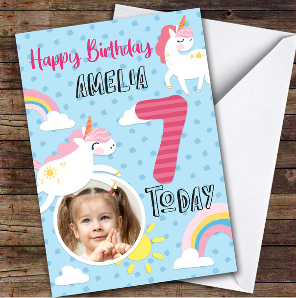 Girl's Unicorn Rainbow Photo 7th Birthday Personalized Birthday Card