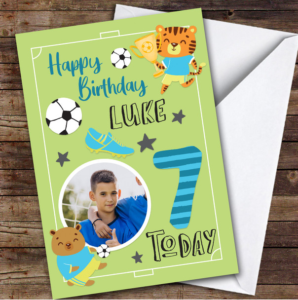 Boy's Football Animals Photo 7th Birthday Personalized Birthday Card