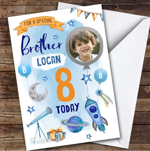 Boy's Space Rocket Astronaut Rocket Photo Brother 8th Birthday Personalized Card